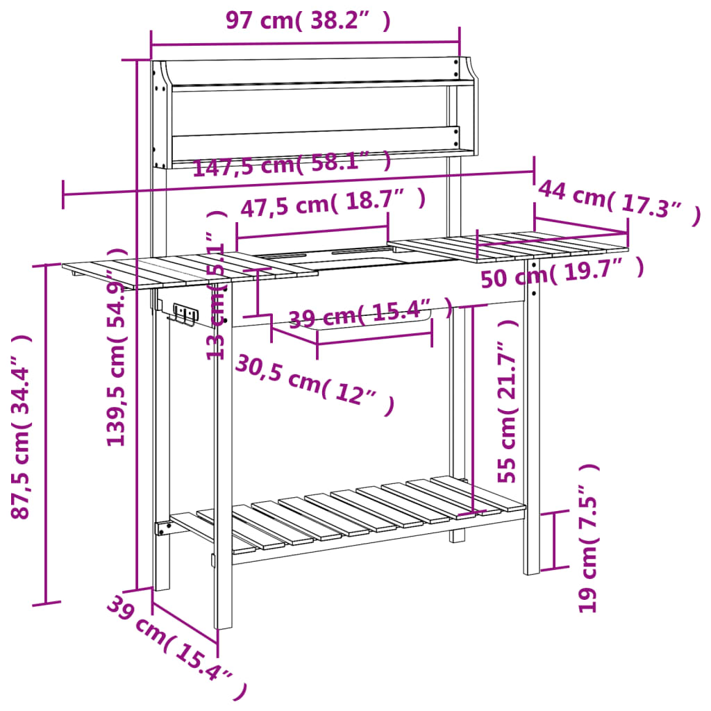 Oppottafel Met Spoelbak 147,5X44X139,5 Cm Vurenhout